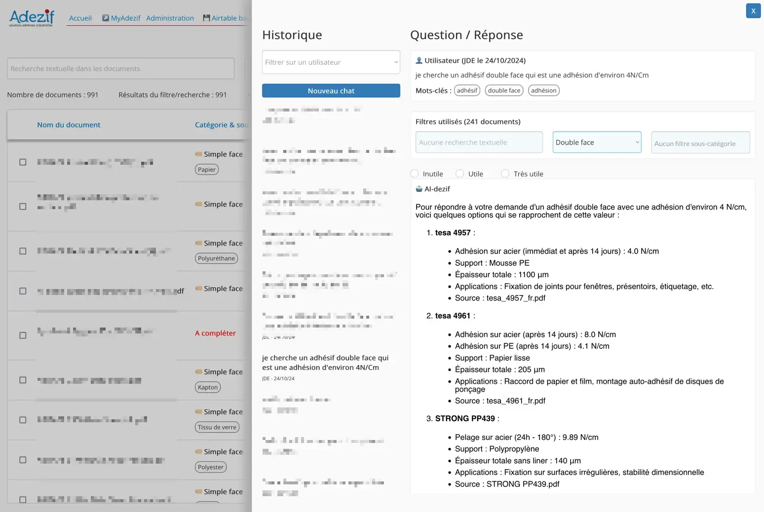 Interface de l'assistant IA Adezif
