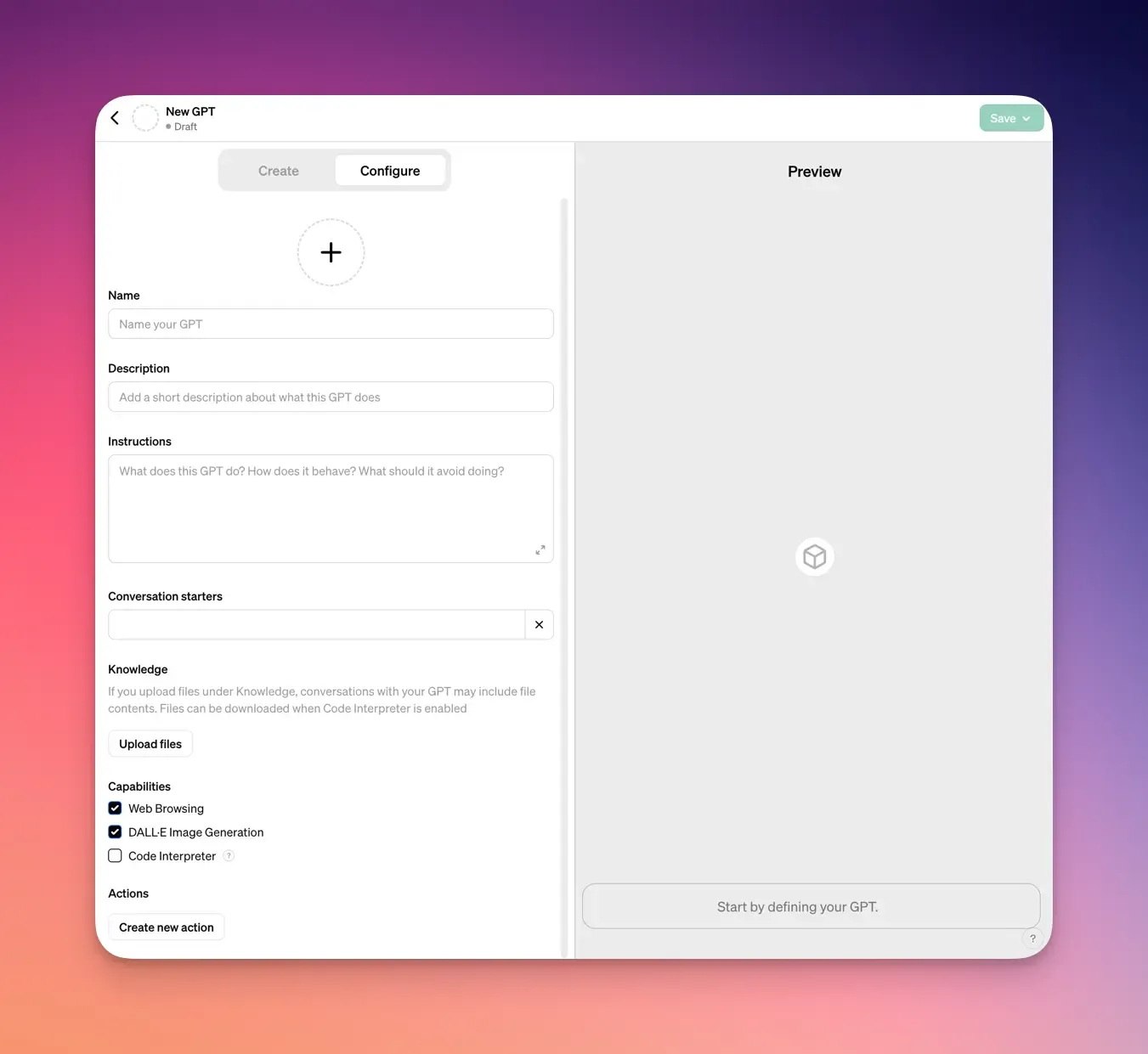 Interface de création d'un GPT